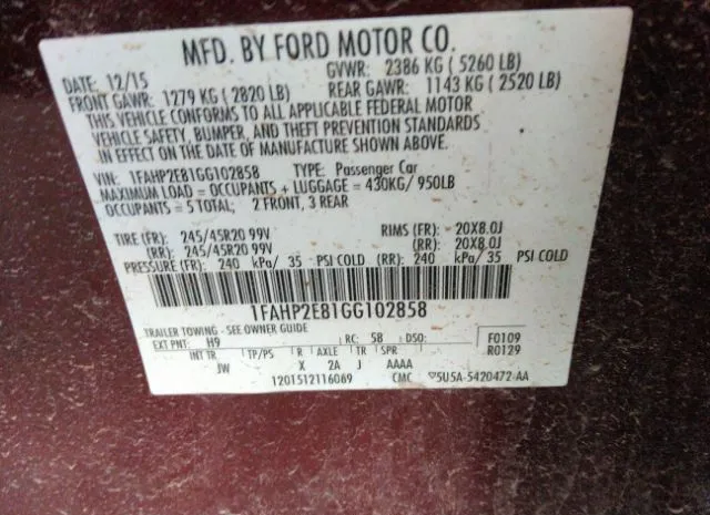 Photo 8 VIN: 1FAHP2E81GG102858 - FORD TAURUS 