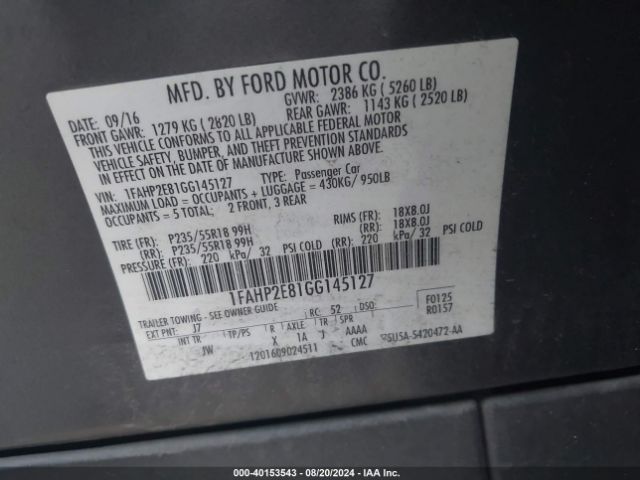 Photo 8 VIN: 1FAHP2E81GG145127 - FORD TAURUS 