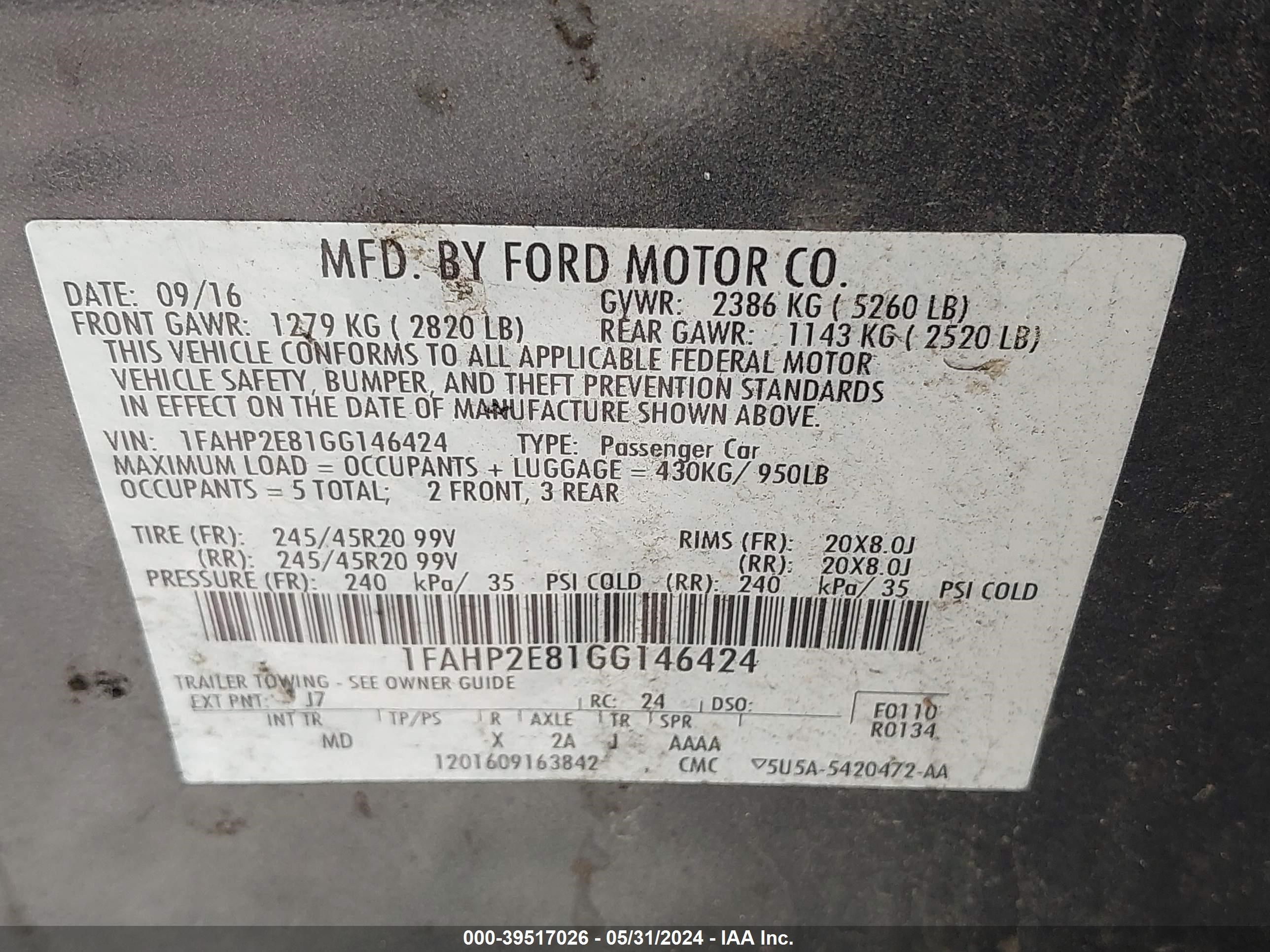 Photo 8 VIN: 1FAHP2E81GG146424 - FORD TAURUS 