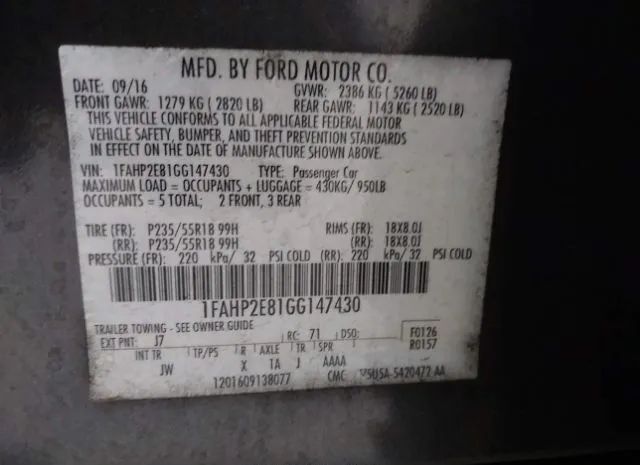 Photo 8 VIN: 1FAHP2E81GG147430 - FORD TAURUS 