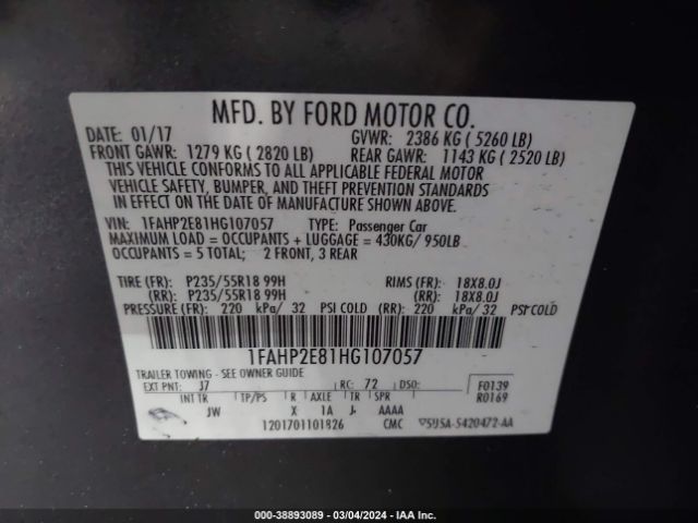 Photo 8 VIN: 1FAHP2E81HG107057 - FORD TAURUS 