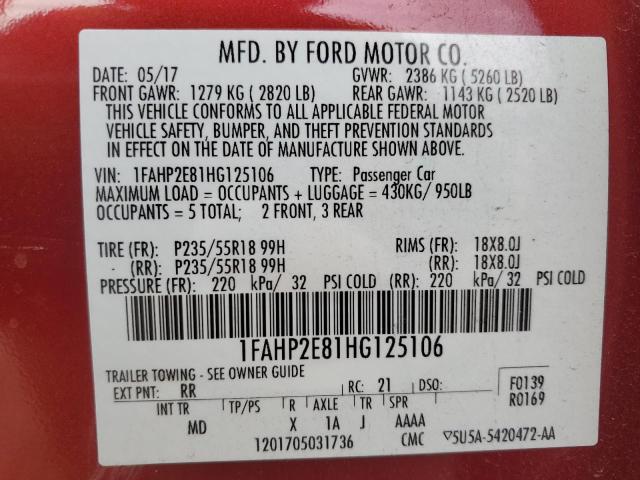 Photo 11 VIN: 1FAHP2E81HG125106 - FORD TAURUS SEL 