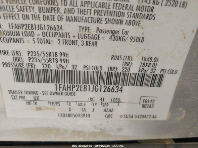 Photo 8 VIN: 1FAHP2E81JG126634 - FORD TAURUS 