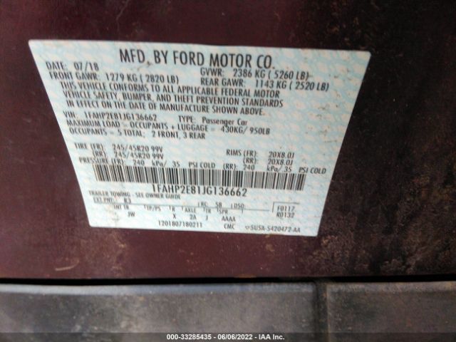 Photo 8 VIN: 1FAHP2E81JG136662 - FORD TAURUS 