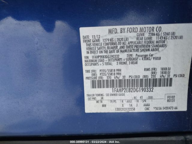 Photo 8 VIN: 1FAHP2E82DG190332 - FORD TAURUS 