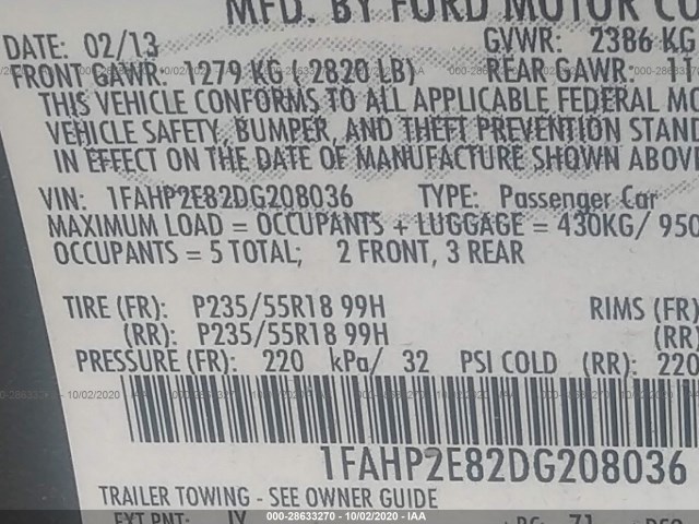 Photo 8 VIN: 1FAHP2E82DG208036 - FORD TAURUS 