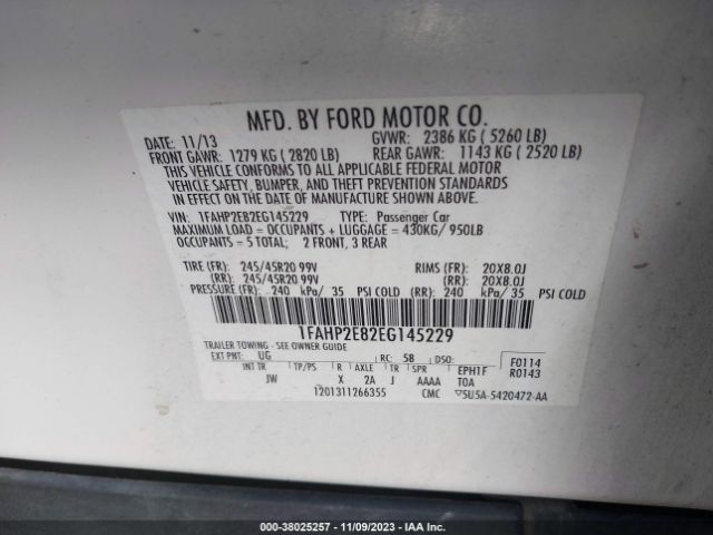 Photo 8 VIN: 1FAHP2E82EG145229 - FORD TAURUS 