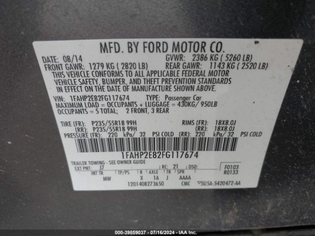 Photo 8 VIN: 1FAHP2E82FG117674 - FORD TAURUS 