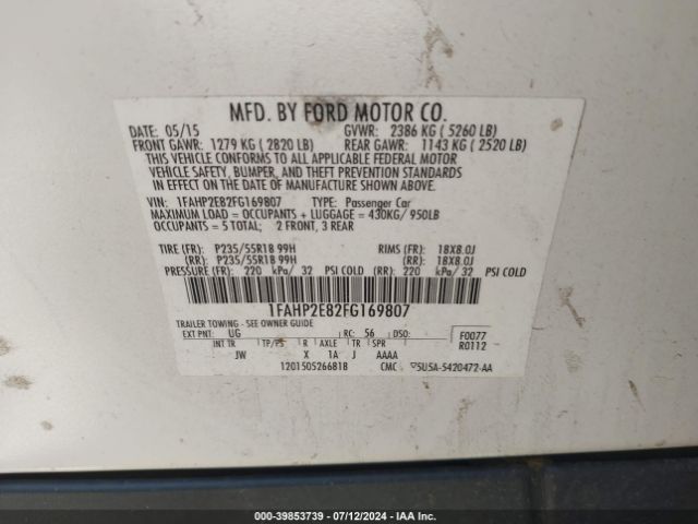 Photo 8 VIN: 1FAHP2E82FG169807 - FORD TAURUS 