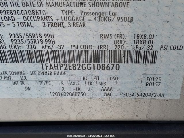 Photo 8 VIN: 1FAHP2E82GG108670 - FORD TAURUS 