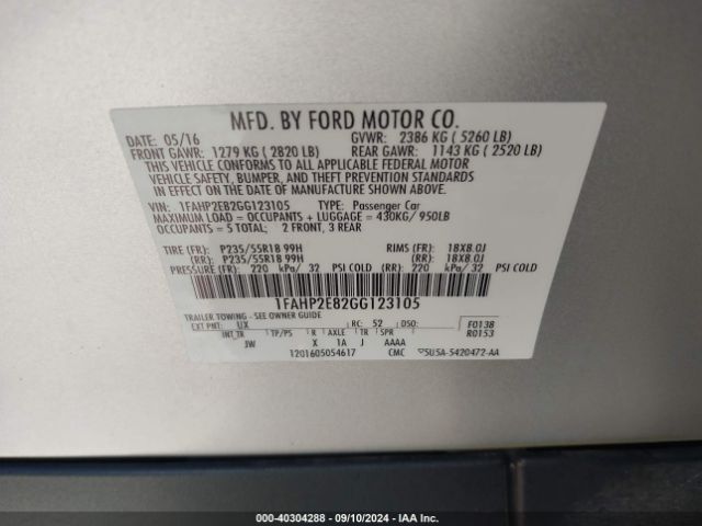 Photo 8 VIN: 1FAHP2E82GG123105 - FORD TAURUS 