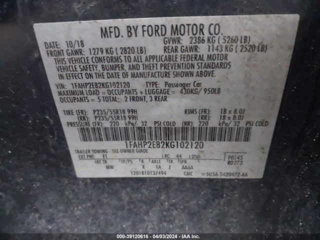 Photo 8 VIN: 1FAHP2E82KG102120 - FORD TAURUS 