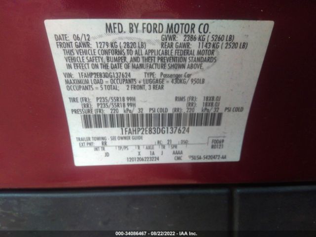 Photo 8 VIN: 1FAHP2E83DG137624 - FORD TAURUS 