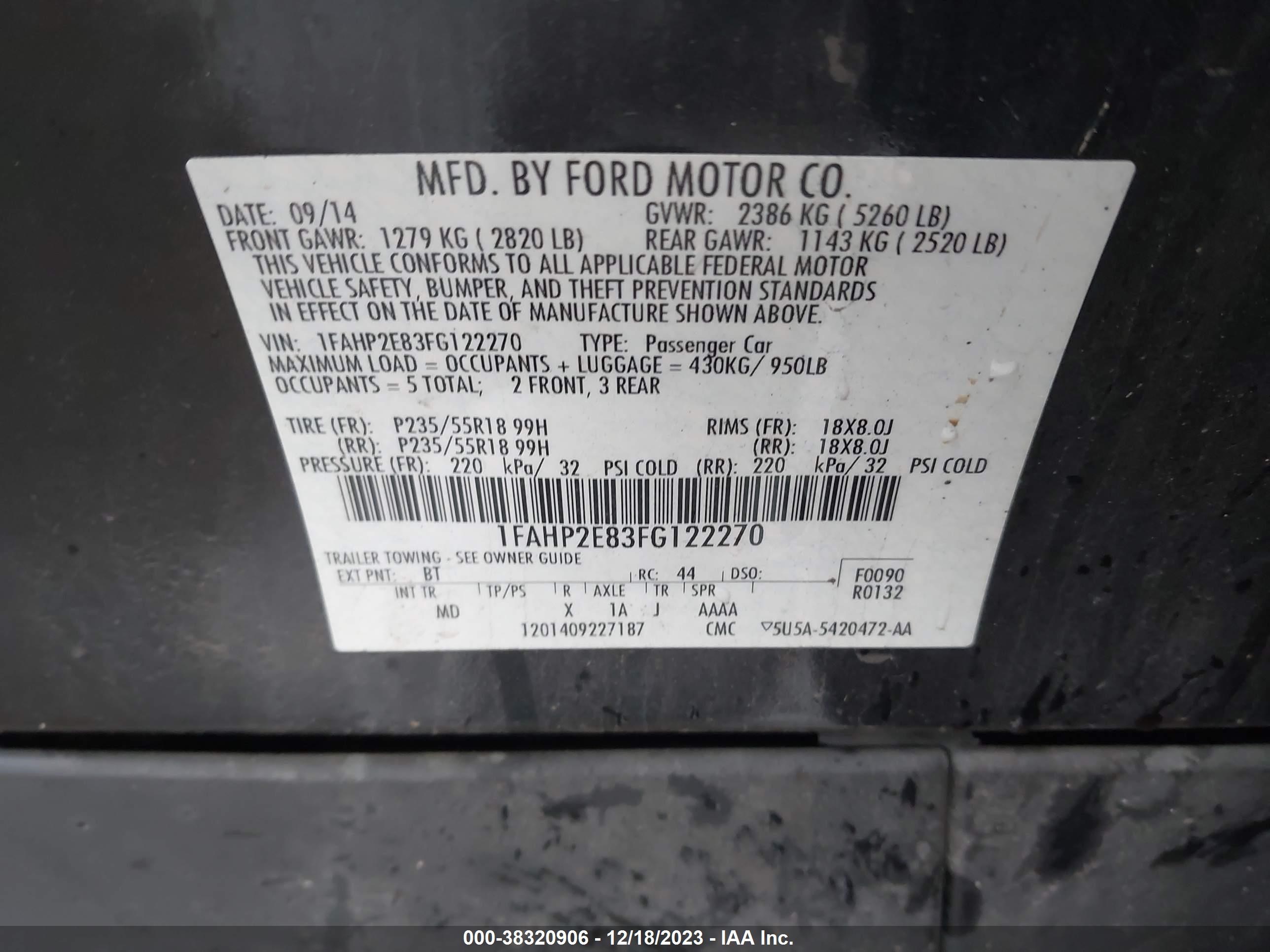 Photo 8 VIN: 1FAHP2E83FG122270 - FORD TAURUS 