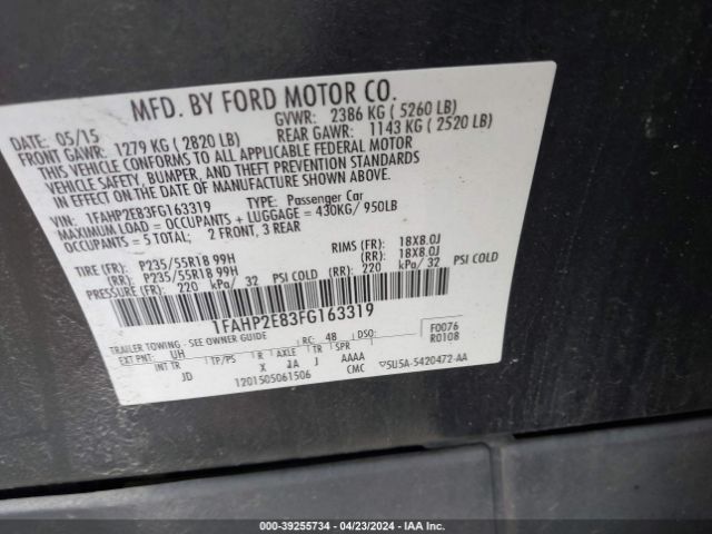 Photo 8 VIN: 1FAHP2E83FG163319 - FORD TAURUS 