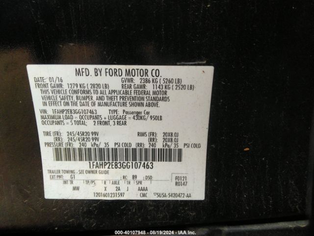 Photo 8 VIN: 1FAHP2E83GG107463 - FORD TAURUS 