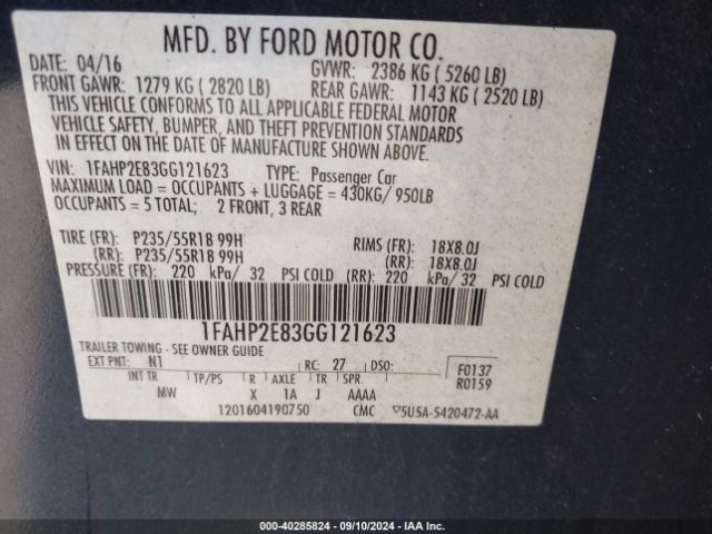 Photo 8 VIN: 1FAHP2E83GG121623 - FORD TAURUS 