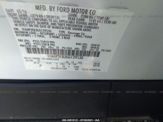 Photo 8 VIN: 1FAHP2E83GG129530 - FORD TAURUS 