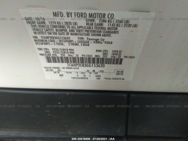 Photo 8 VIN: 1FAHP2E83GG153620 - FORD TAURUS 