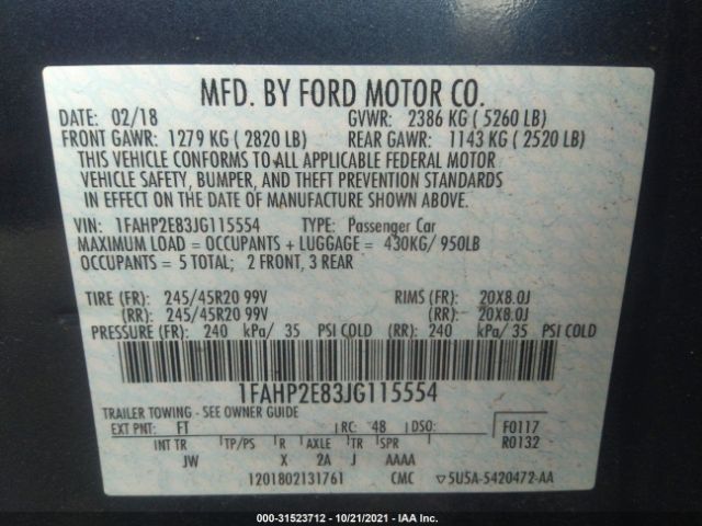 Photo 8 VIN: 1FAHP2E83JG115554 - FORD TAURUS 