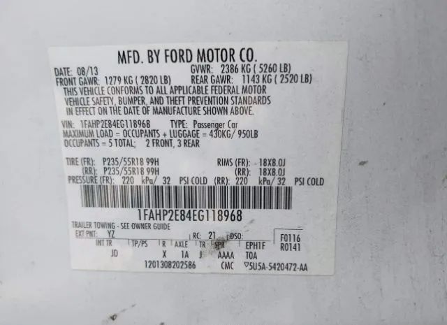 Photo 8 VIN: 1FAHP2E84EG118968 - FORD TAURUS 