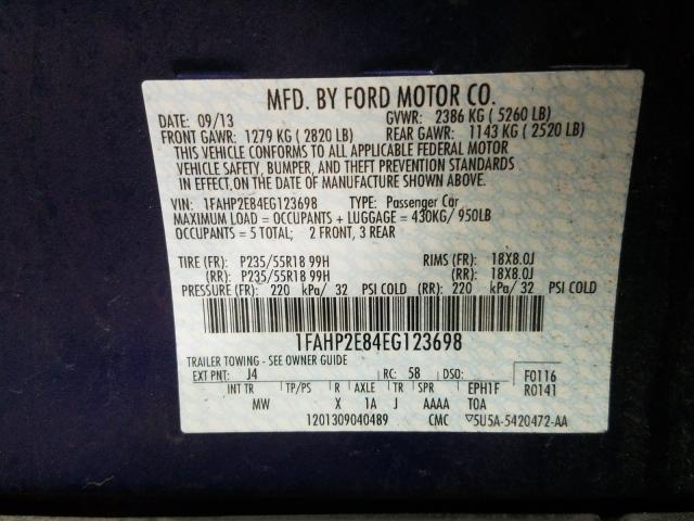 Photo 9 VIN: 1FAHP2E84EG123698 - FORD TAURUS SEL 