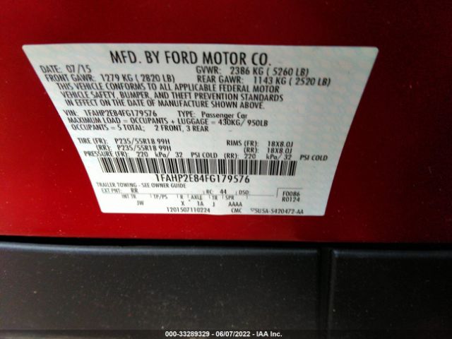 Photo 8 VIN: 1FAHP2E84FG179576 - FORD TAURUS 