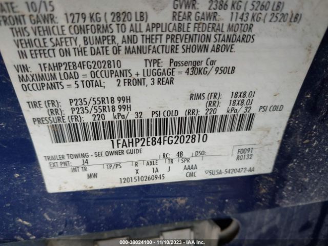 Photo 8 VIN: 1FAHP2E84FG202810 - FORD TAURUS 