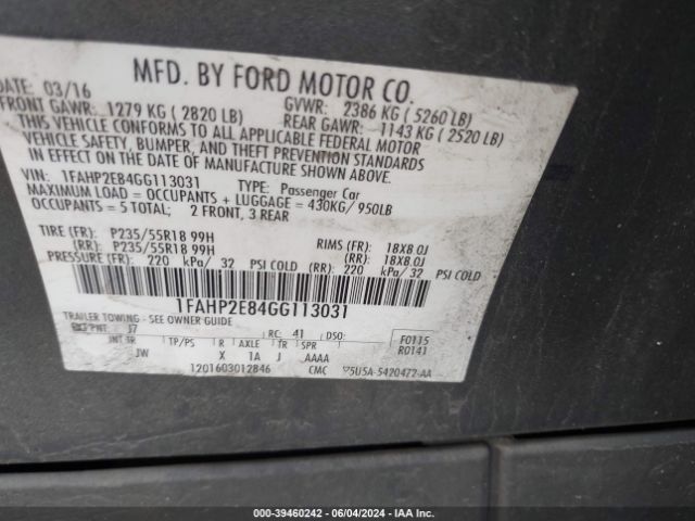 Photo 8 VIN: 1FAHP2E84GG113031 - FORD TAURUS 