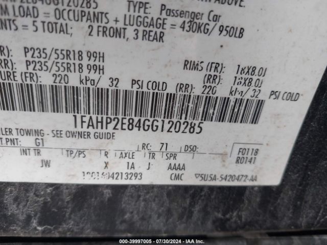 Photo 8 VIN: 1FAHP2E84GG120285 - FORD TAURUS 