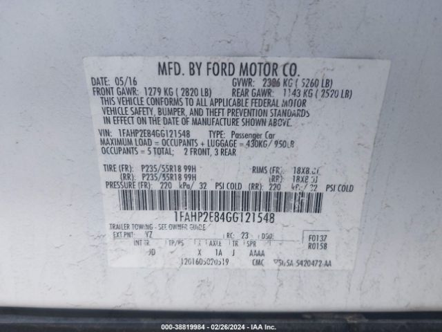 Photo 8 VIN: 1FAHP2E84GG121548 - FORD TAURUS 