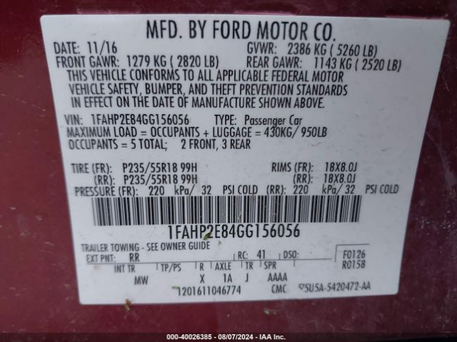 Photo 8 VIN: 1FAHP2E84GG156056 - FORD TAURUS 