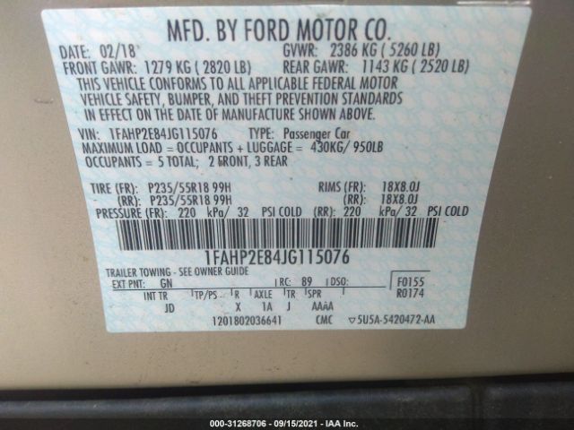 Photo 8 VIN: 1FAHP2E84JG115076 - FORD TAURUS 