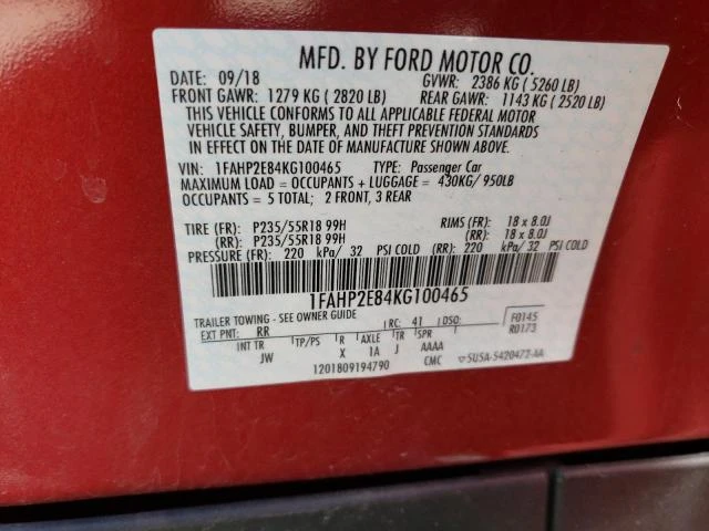 Photo 11 VIN: 1FAHP2E84KG100465 - FORD TAURUS SEL 