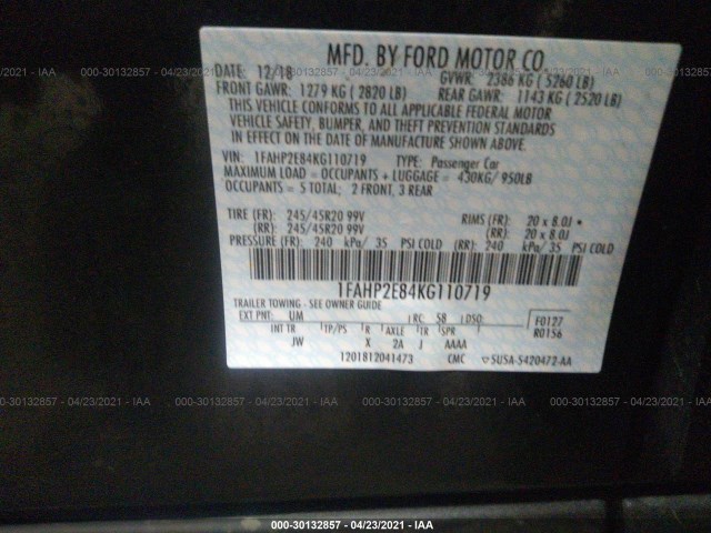 Photo 8 VIN: 1FAHP2E84KG110719 - FORD TAURUS 