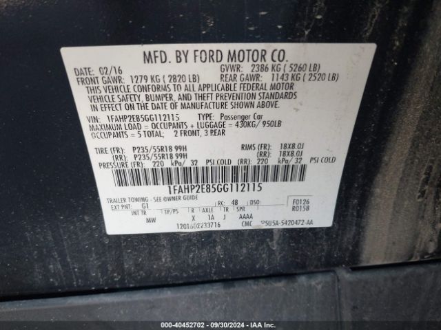 Photo 8 VIN: 1FAHP2E85GG112115 - FORD TAURUS 