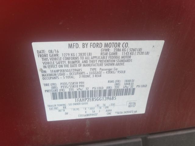 Photo 9 VIN: 1FAHP2E85GG139685 - FORD TAURUS SEL 