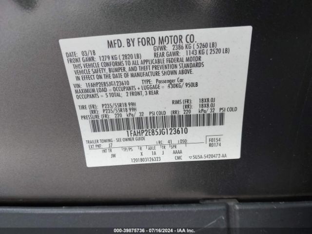 Photo 8 VIN: 1FAHP2E85JG123610 - FORD TAURUS 