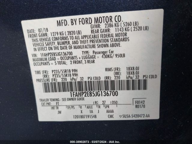 Photo 8 VIN: 1FAHP2E85JG136700 - FORD TAURUS 