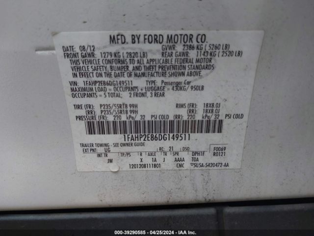 Photo 8 VIN: 1FAHP2E86DG149511 - FORD TAURUS 