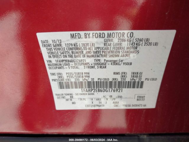 Photo 8 VIN: 1FAHP2E86DG176921 - FORD TAURUS 