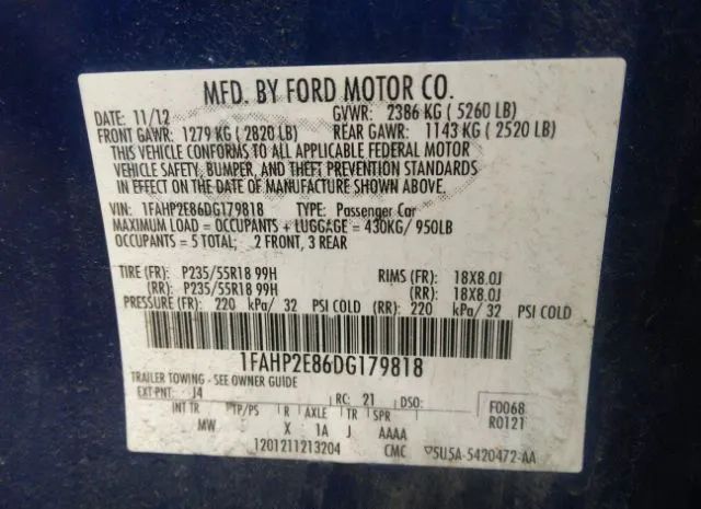 Photo 8 VIN: 1FAHP2E86DG179818 - FORD TAURUS 