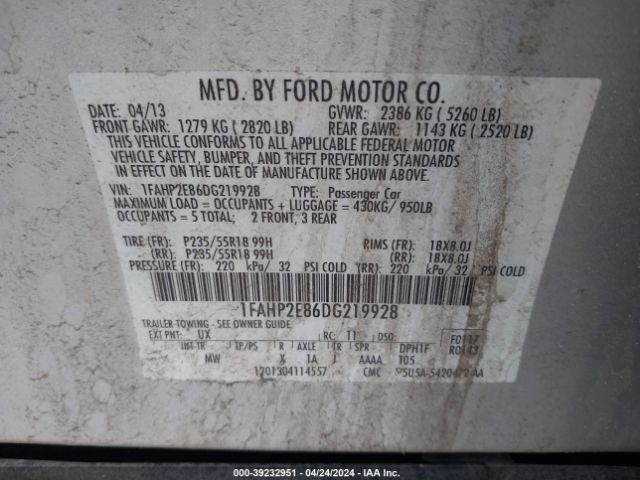 Photo 8 VIN: 1FAHP2E86DG219928 - FORD TAURUS 