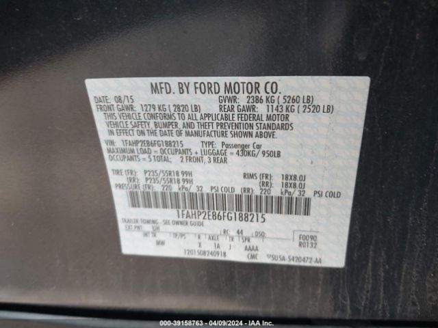 Photo 8 VIN: 1FAHP2E86FG188215 - FORD TAURUS 