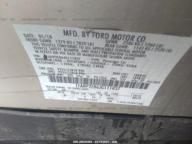 Photo 8 VIN: 1FAHP2E86JG111837 - FORD TAURUS 