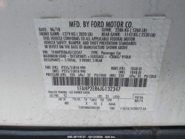 Photo 8 VIN: 1FAHP2E86JG132347 - FORD TAURUS 