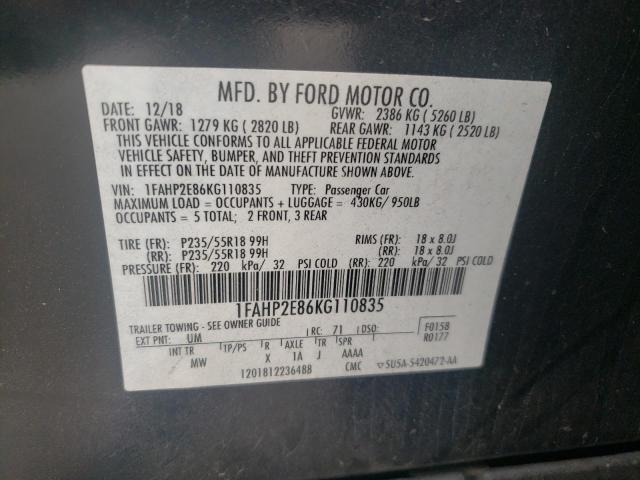 Photo 11 VIN: 1FAHP2E86KG110835 - FORD TAURUS SEL 