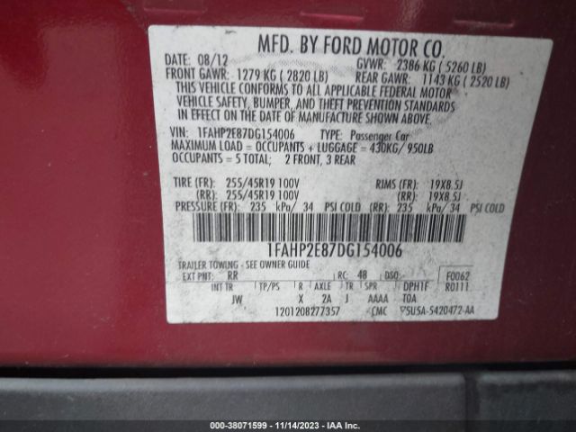 Photo 8 VIN: 1FAHP2E87DG154006 - FORD TAURUS 