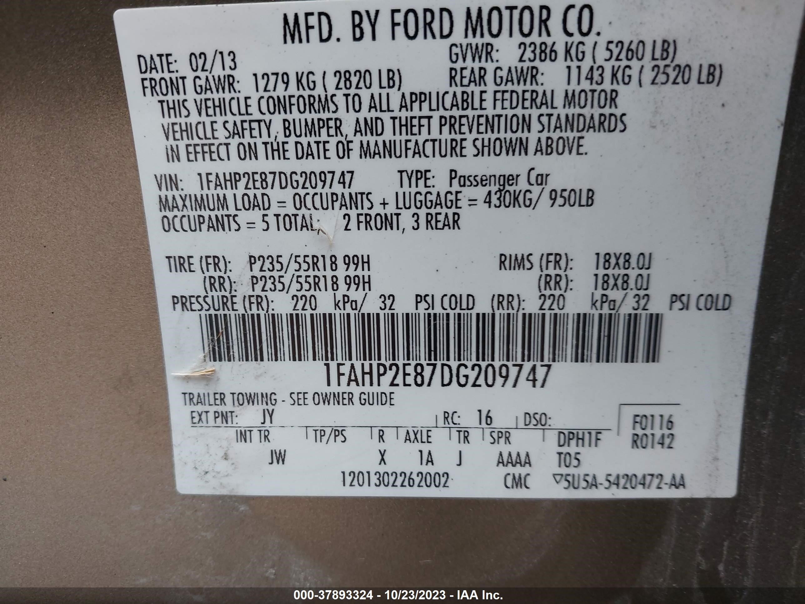 Photo 8 VIN: 1FAHP2E87DG209747 - FORD TAURUS 