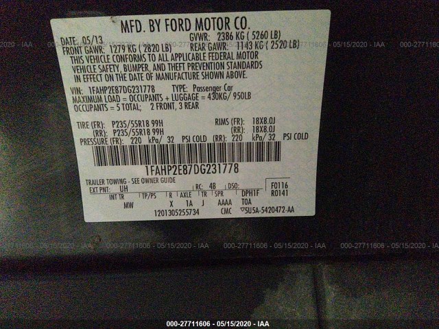 Photo 8 VIN: 1FAHP2E87DG231778 - FORD TAURUS 